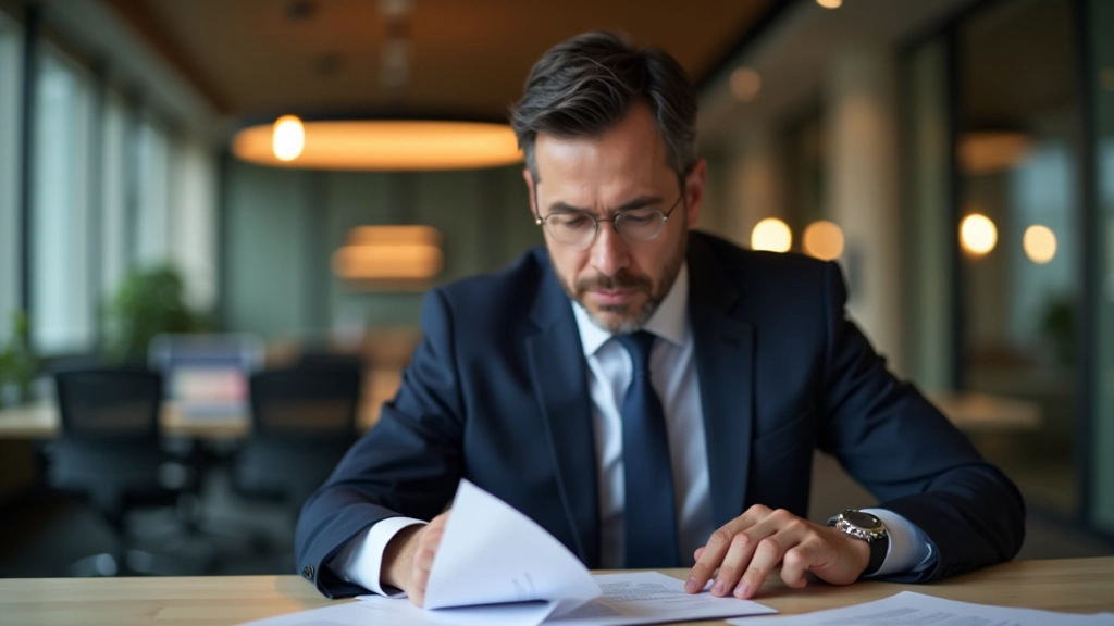 Businessman reviewing financial documents and planning materials in modern office space