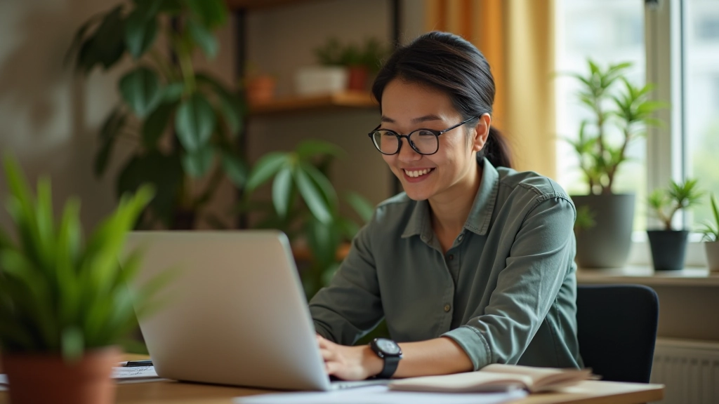 Person working on laptop in a creative workspace with plants and natural light, engaged and focused